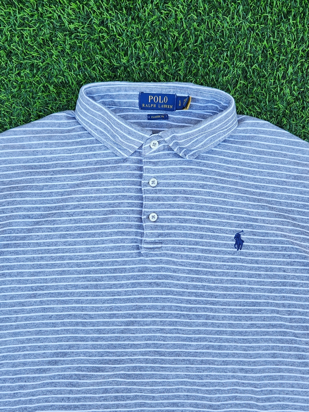 Polo by Ralph Lauren Gray Stripe Classic Fit Polo Shirt SIZE L